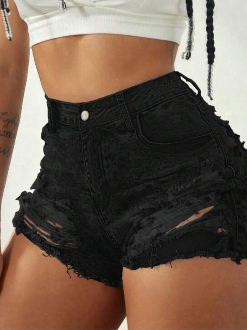 Distressed Black Denim Shorts